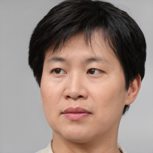 Joyful asian adult male with short  brown hair and brown eyes