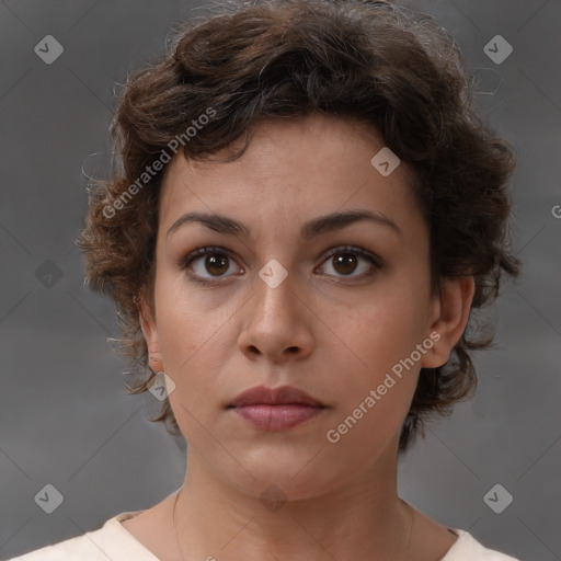 Neutral white young-adult female with short  brown hair and brown eyes