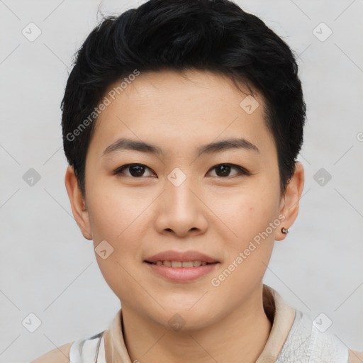 Joyful asian young-adult female with short  black hair and brown eyes