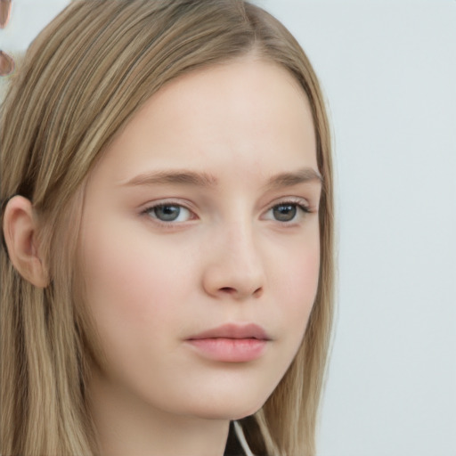 Neutral white young-adult female with long  brown hair and grey eyes