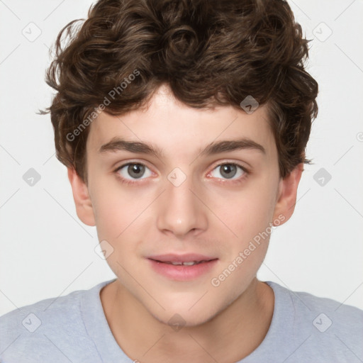 Joyful white child male with short  brown hair and brown eyes