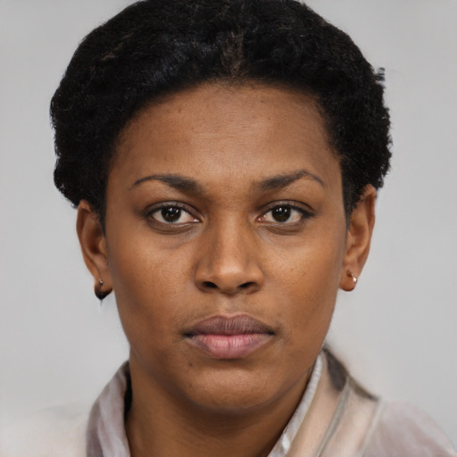Neutral black young-adult female with short  brown hair and brown eyes