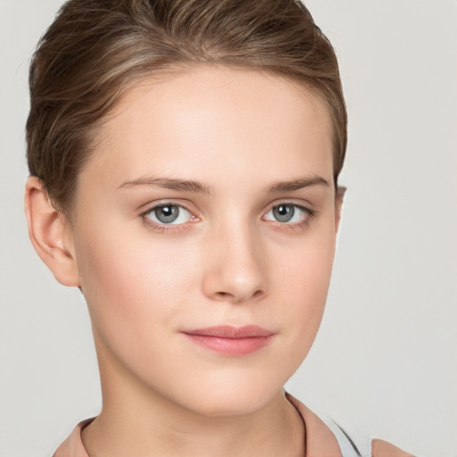 Neutral white young-adult female with short  brown hair and brown eyes