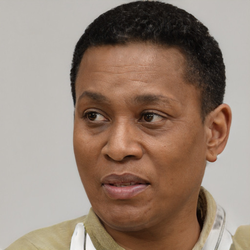 Joyful black adult male with short  black hair and brown eyes
