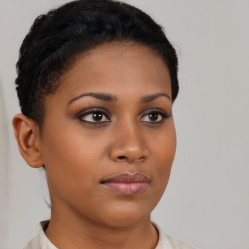 Neutral latino young-adult female with short  brown hair and brown eyes