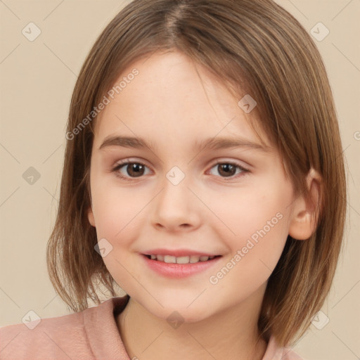 Joyful white child female with medium  brown hair and brown eyes