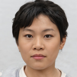 Neutral asian young-adult female with short  brown hair and brown eyes