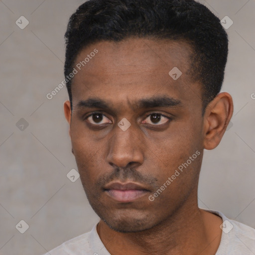 Neutral black young-adult male with short  black hair and brown eyes