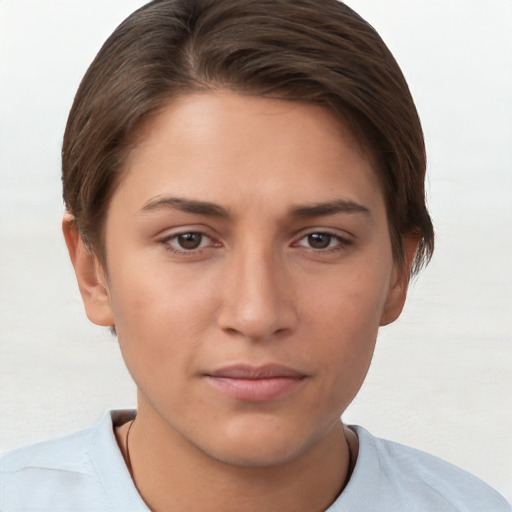 Neutral white young-adult female with short  brown hair and brown eyes