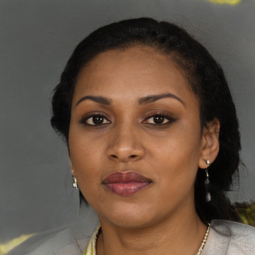 Joyful black young-adult female with long  brown hair and brown eyes