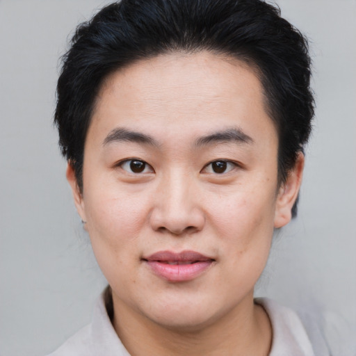 Joyful asian young-adult female with short  brown hair and brown eyes