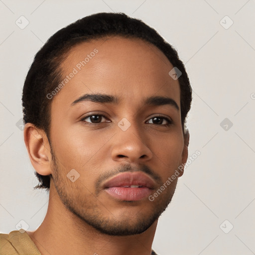 Neutral latino young-adult male with short  brown hair and brown eyes