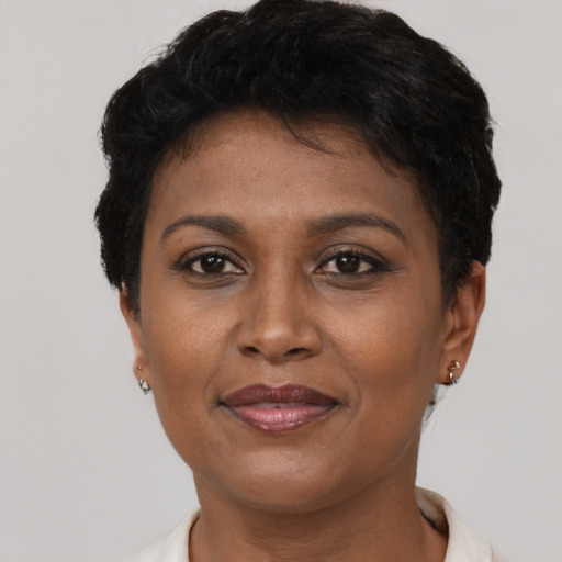 Joyful black adult female with short  brown hair and brown eyes