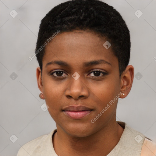 Neutral black young-adult female with short  black hair and brown eyes