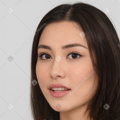 Neutral white young-adult female with long  brown hair and brown eyes