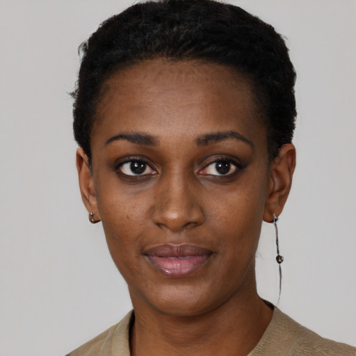 Neutral black young-adult female with short  black hair and brown eyes