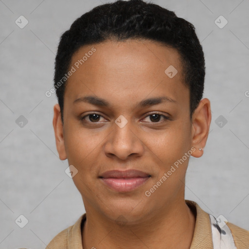 Joyful latino young-adult female with short  brown hair and brown eyes