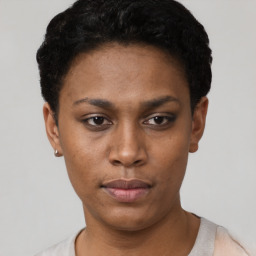 Neutral black young-adult female with short  black hair and brown eyes