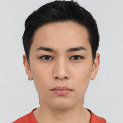 Neutral asian young-adult female with short  black hair and brown eyes