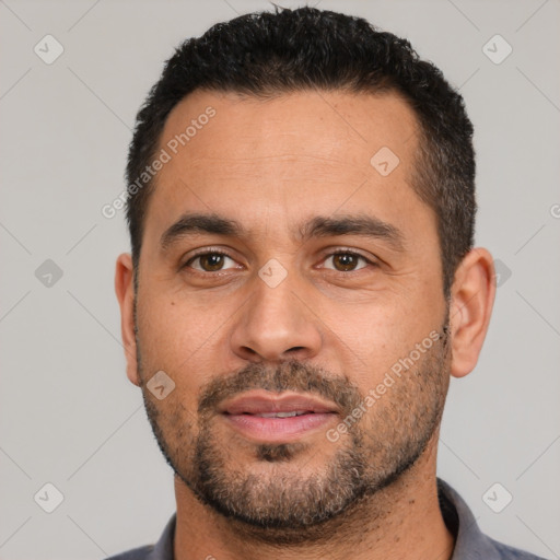 Neutral white adult male with short  black hair and brown eyes