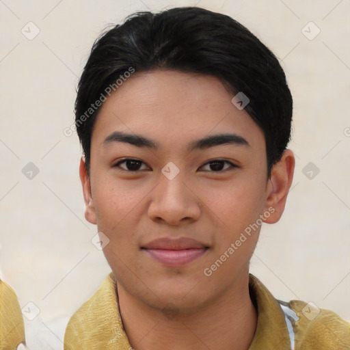 Joyful asian young-adult female with short  black hair and brown eyes