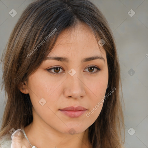 Neutral white young-adult female with medium  brown hair and brown eyes