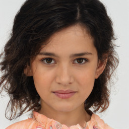 Joyful white child female with medium  brown hair and brown eyes