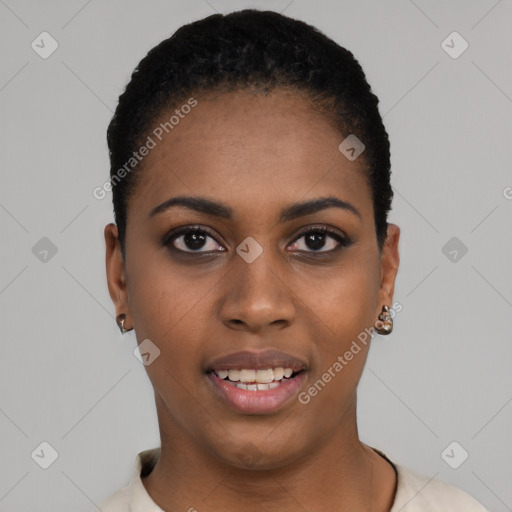 Joyful black young-adult female with short  black hair and brown eyes