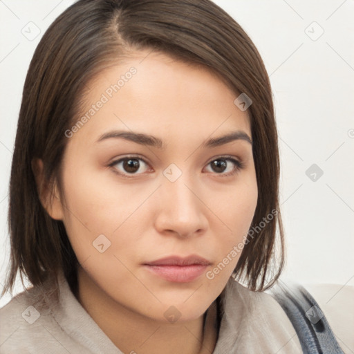 Neutral white young-adult female with medium  brown hair and brown eyes