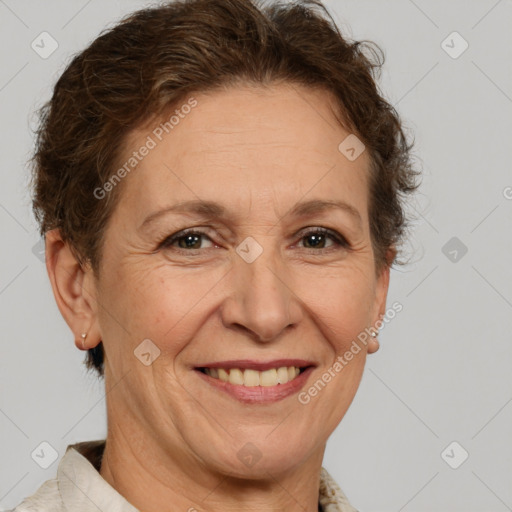 Joyful white adult female with short  brown hair and brown eyes