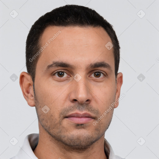 Neutral white young-adult male with short  brown hair and brown eyes