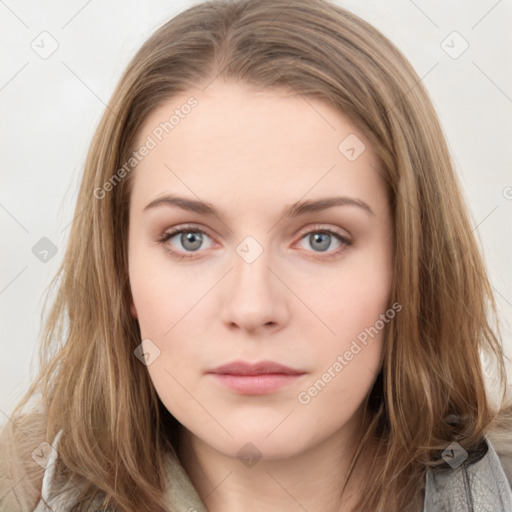 Neutral white young-adult female with long  brown hair and grey eyes