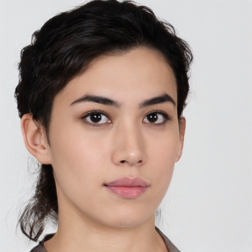 Neutral asian young-adult female with medium  brown hair and brown eyes
