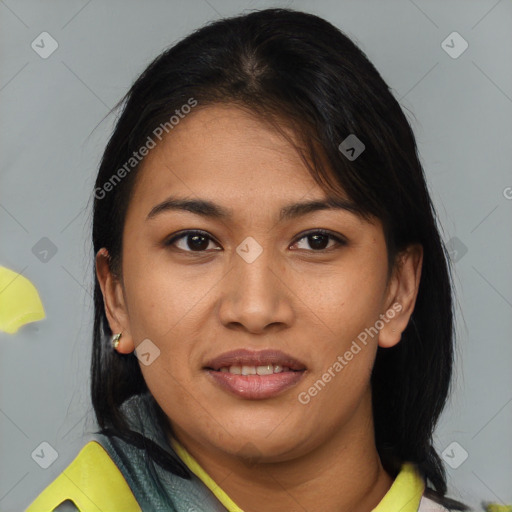 Joyful asian young-adult female with medium  brown hair and brown eyes