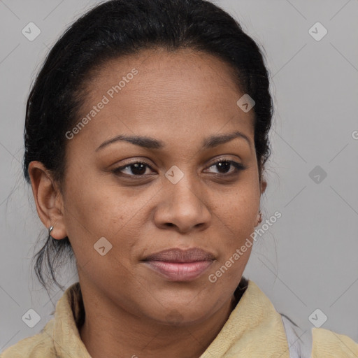 Joyful latino young-adult female with medium  brown hair and brown eyes