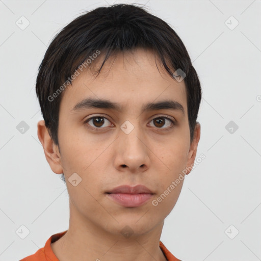 Neutral asian young-adult male with short  brown hair and brown eyes