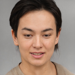 Joyful asian young-adult female with short  brown hair and brown eyes