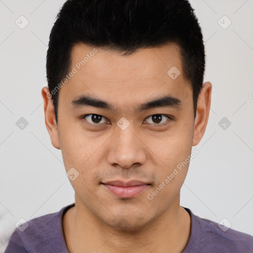 Neutral latino young-adult male with short  black hair and brown eyes