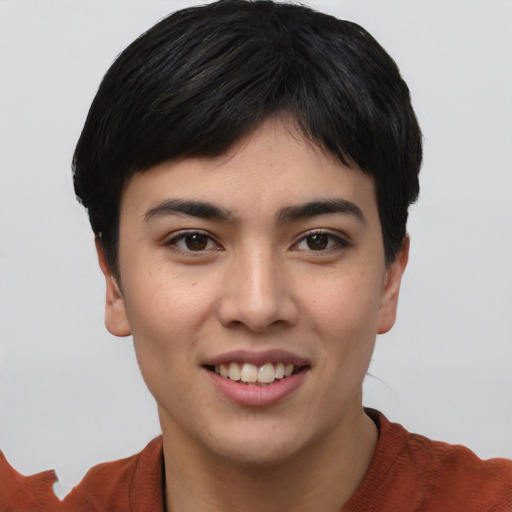 Joyful asian young-adult female with short  black hair and brown eyes