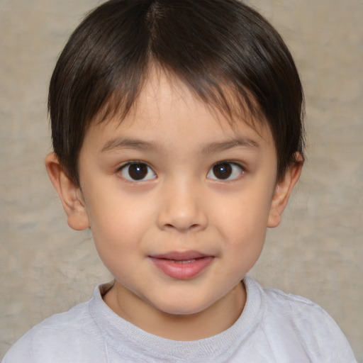 Joyful white child female with short  brown hair and brown eyes