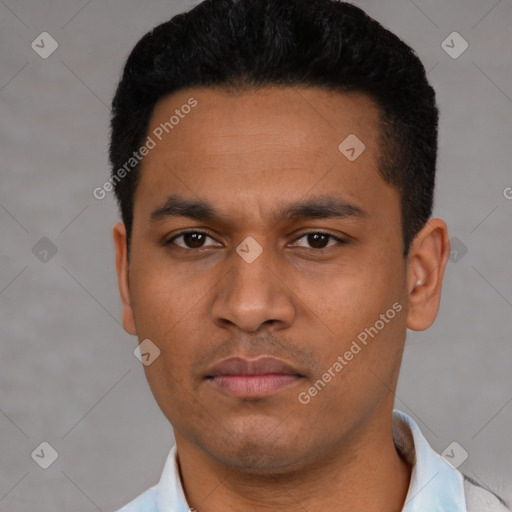 Neutral latino young-adult male with short  black hair and brown eyes