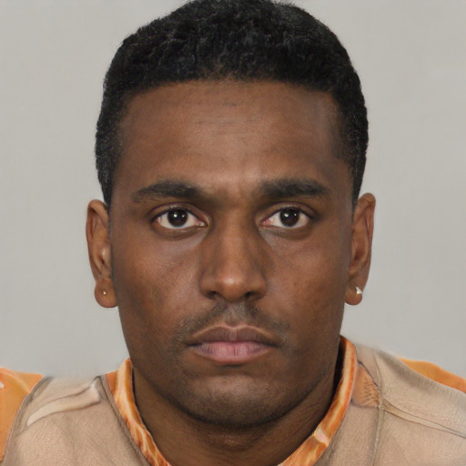 Neutral black young-adult male with short  brown hair and brown eyes