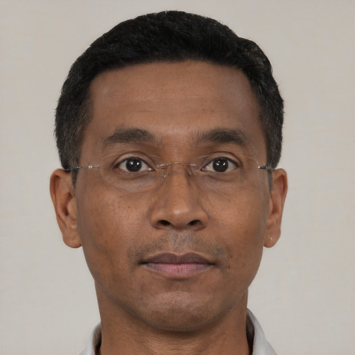 Neutral black adult male with short  black hair and brown eyes