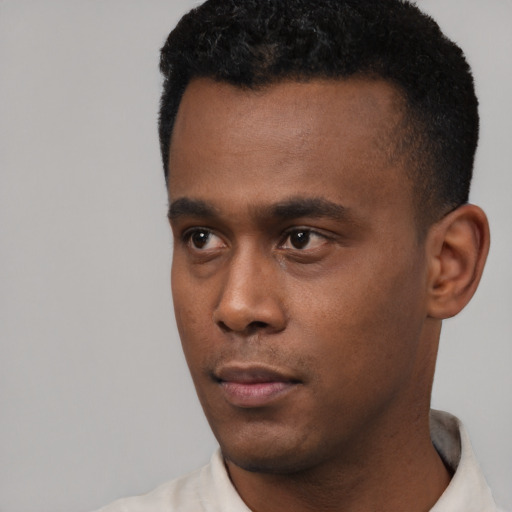 Neutral black young-adult male with short  black hair and brown eyes