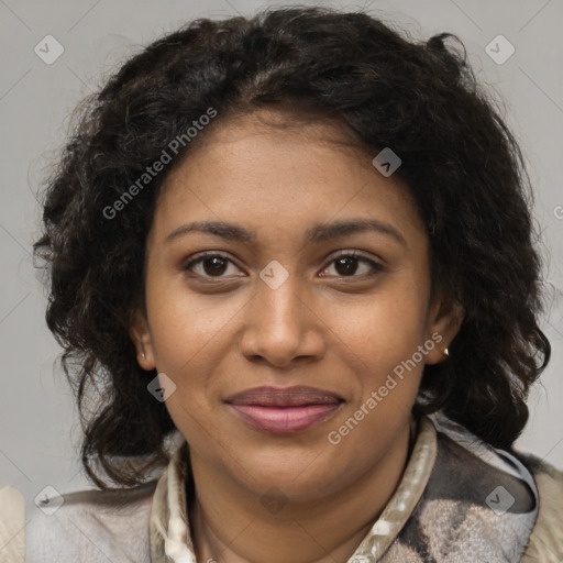 Joyful black young-adult female with medium  brown hair and brown eyes