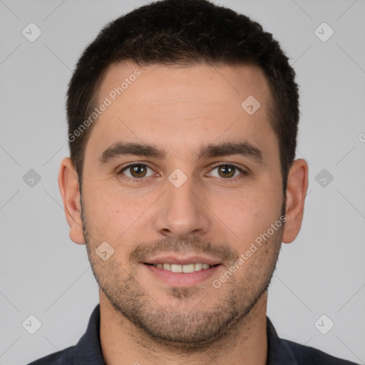 Joyful white young-adult male with short  brown hair and brown eyes