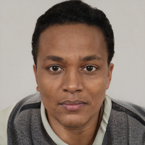 Neutral latino adult male with short  black hair and brown eyes