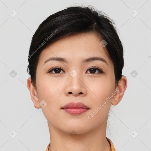 Neutral asian young-adult female with short  brown hair and brown eyes