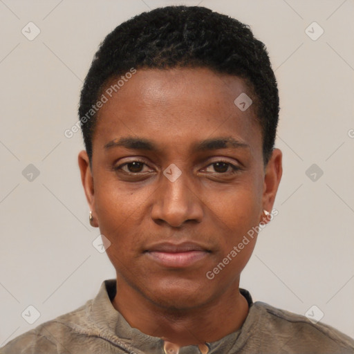 Neutral black young-adult male with short  black hair and brown eyes