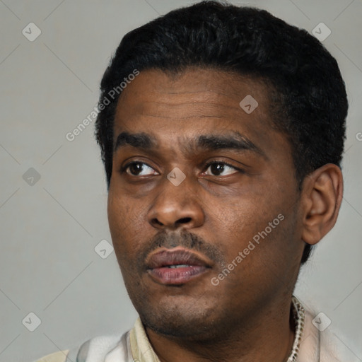 Neutral black young-adult male with short  black hair and brown eyes